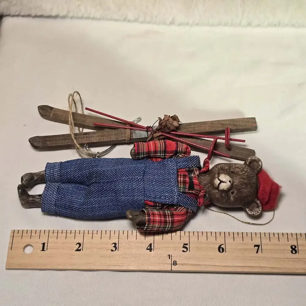 Vintage Ski Bear Ornament Plaid Flannel & Denim Overalls Wooden Skis Rustic Xmas